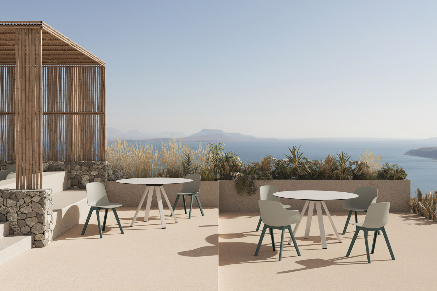 Terrazza panoramica con arredi da esterno moderni, tavoli rotondi e sedie di design in polipropilene, affacciata sul mare con vista sulle isole e vegetazione mediterranea.